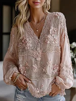 Women's Floral Embroidery Lace Linen Blend V-neck T-shirt