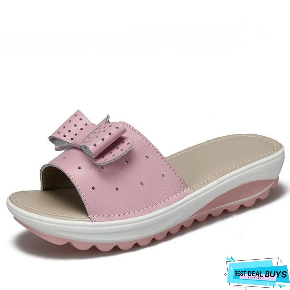 Summer Women Butterfly Knot Pu Leather Cut Out Flat Heels Slippers Sandals