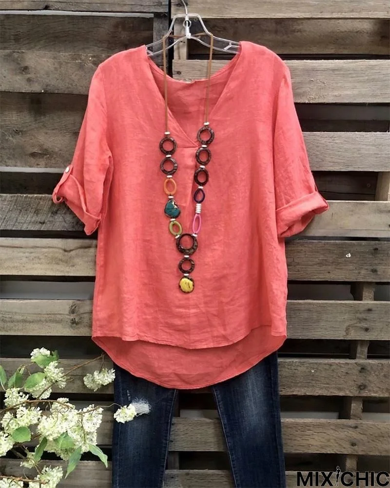 Women's V-Neck Cotton And Linen Casual T-Shirt