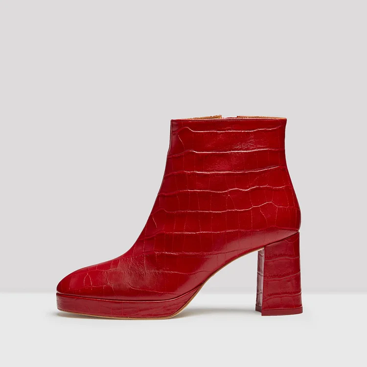 Red Textured Vegan Leather Chunky Heel Boots Round Toe Ankle Boots |FSJ Shoes