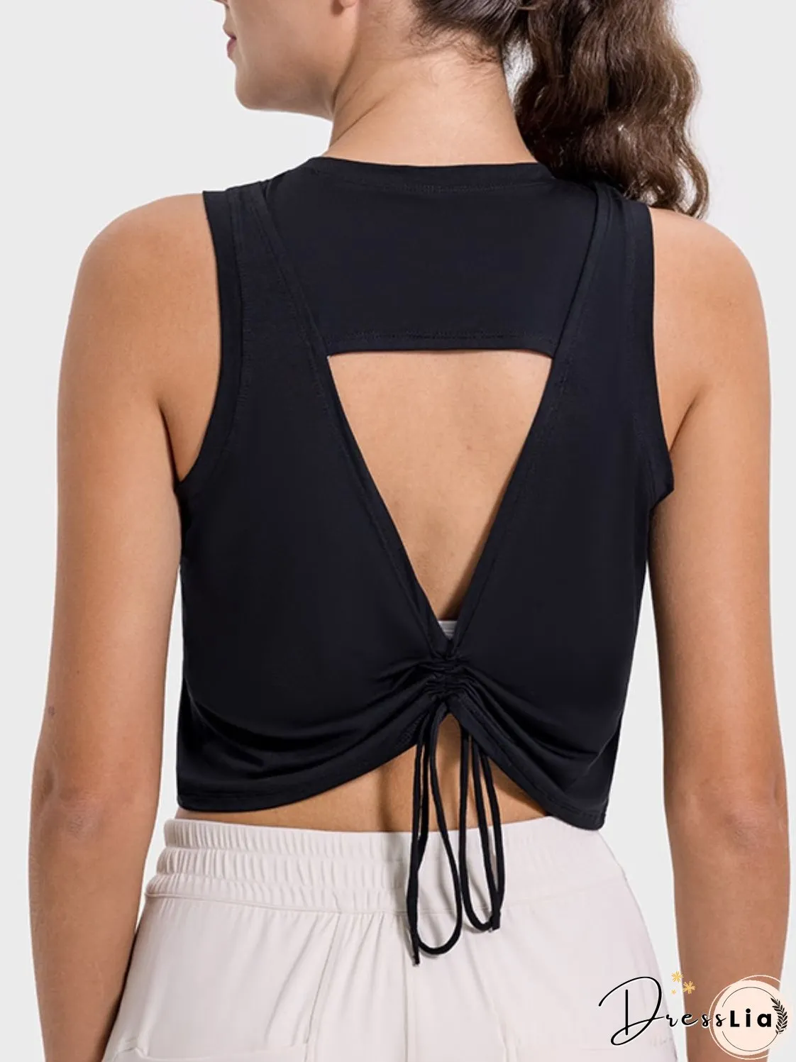 Drawstring Cutout Round Neck Active Tank