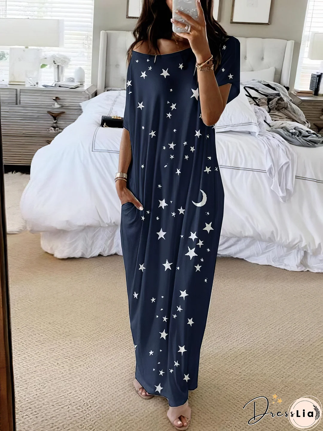 Loose-Fitting Moon and Stars Dress