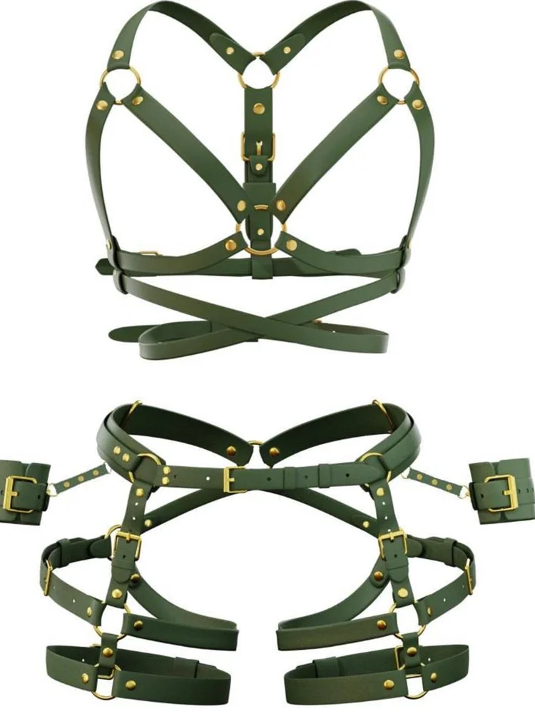 pornhint Pornhint Punk Leather Harness Set, Chain Harness, Gothic Bondage Harness, BDSM Kit, Garter Harness, BDSM Gear for Women, Thigh Cuffs, Golden Hardware leather body harnesses for women