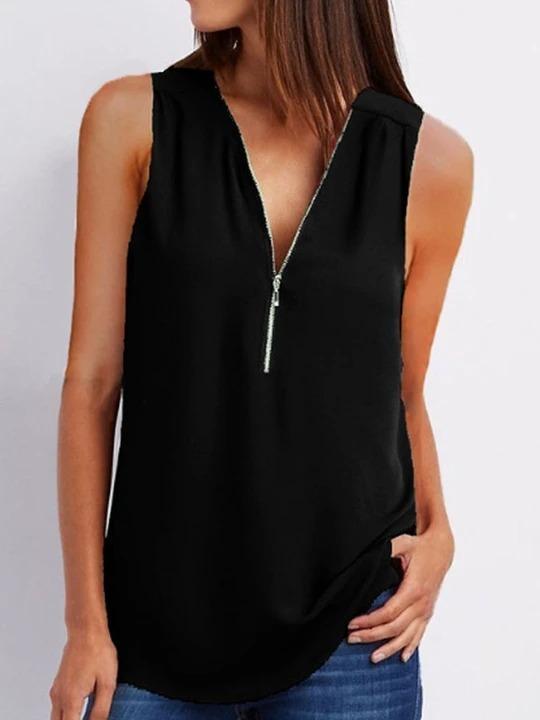 V-Neck Zips Plain Sleeveless Blouses