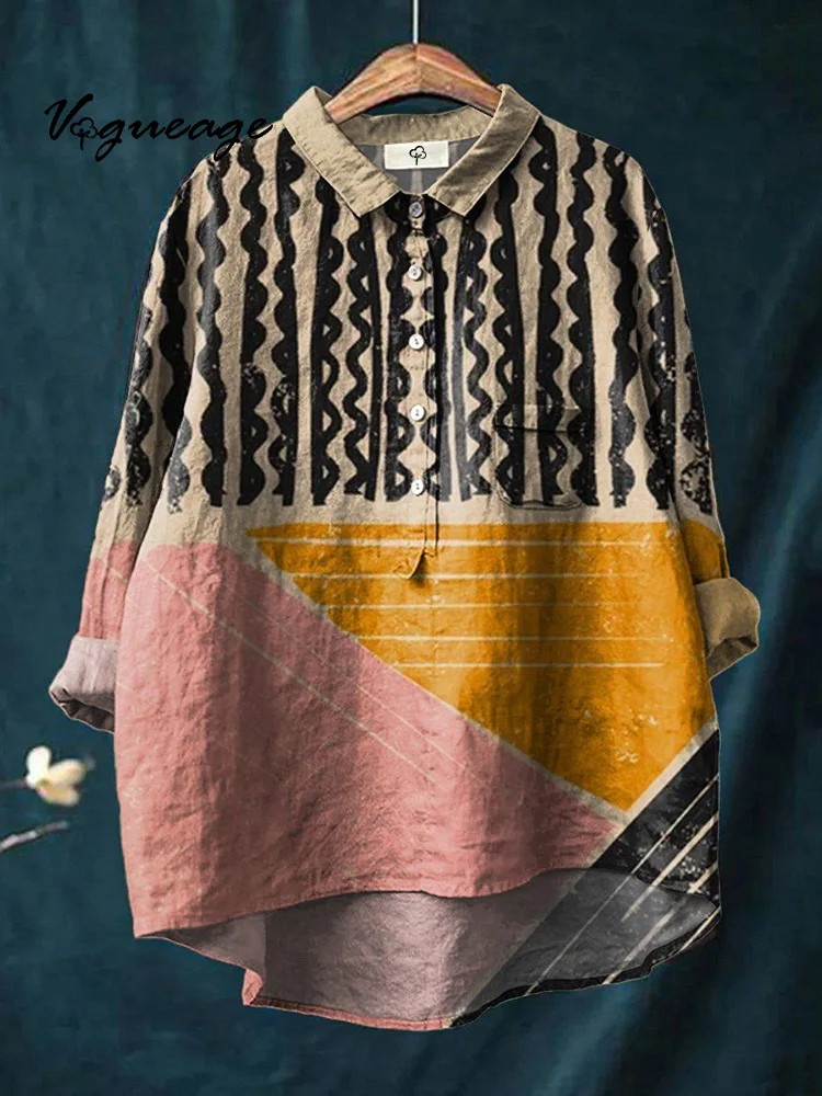 Fashionable Simple And Creative Splicing Printed Cotton And Linen Shirt