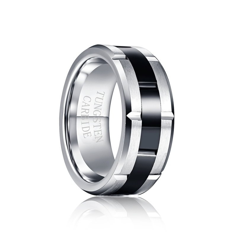 8MM Silver Beveled Men's Tungsten Carbide Ring with Matte Black in the Middle Wedding Bands Gift