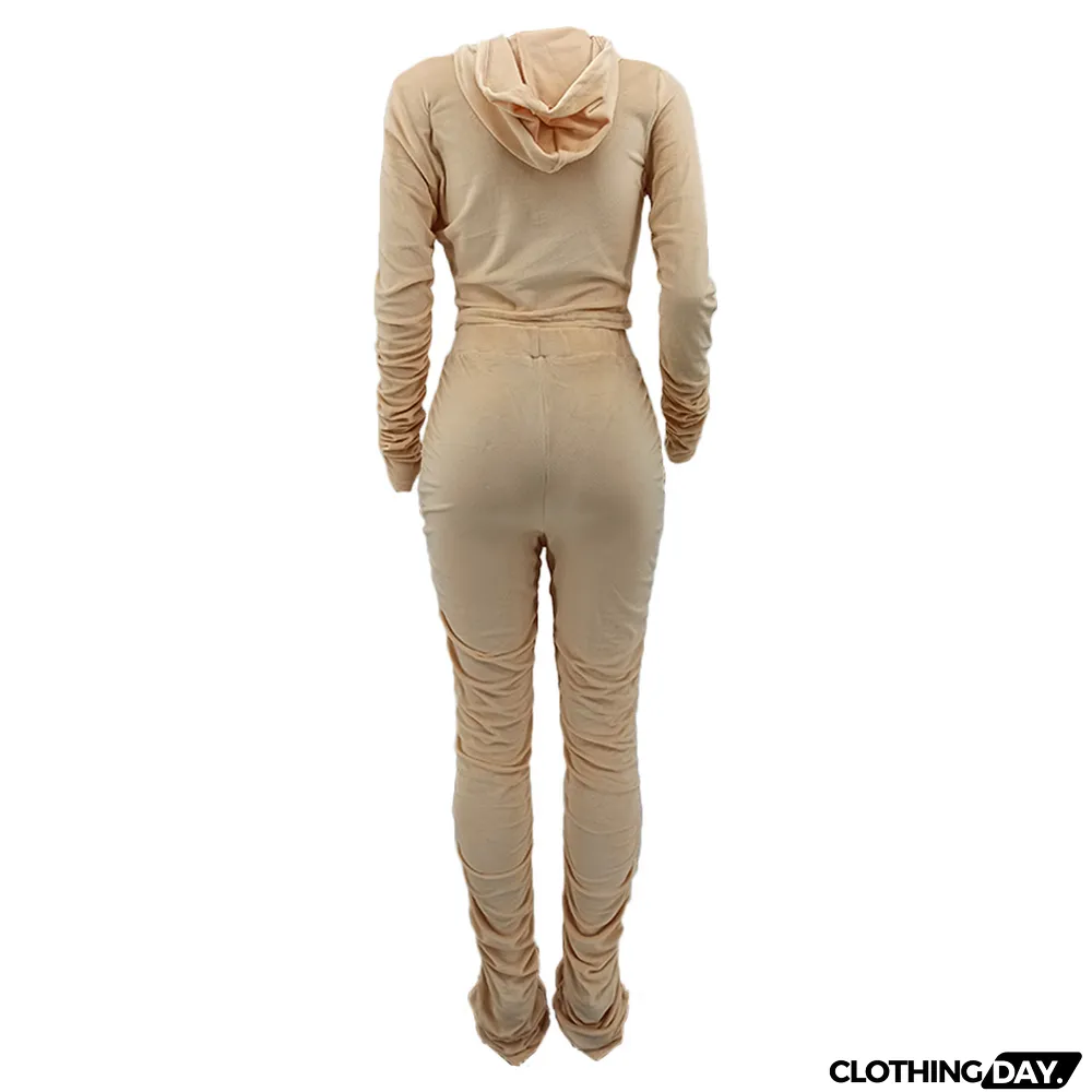 Velvet Pleated Zipper Hooded Jacket Skinny Pants Suit