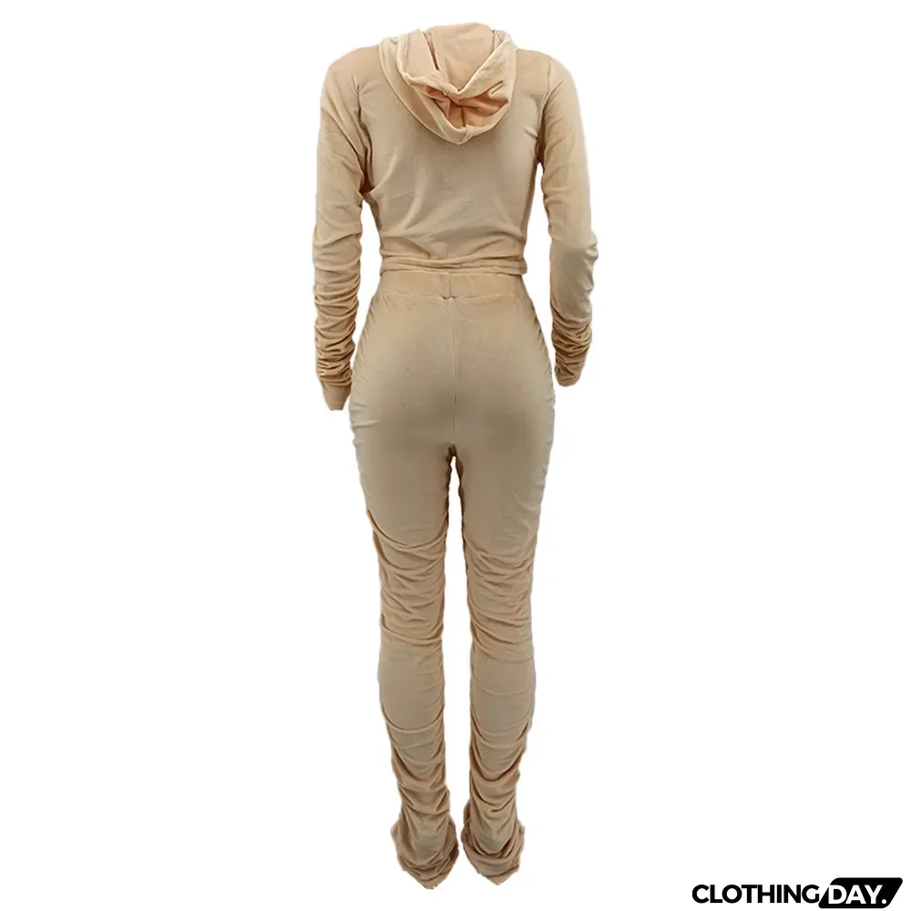 Velvet Pleated Zipper Hooded Jacket Skinny Pants Suit