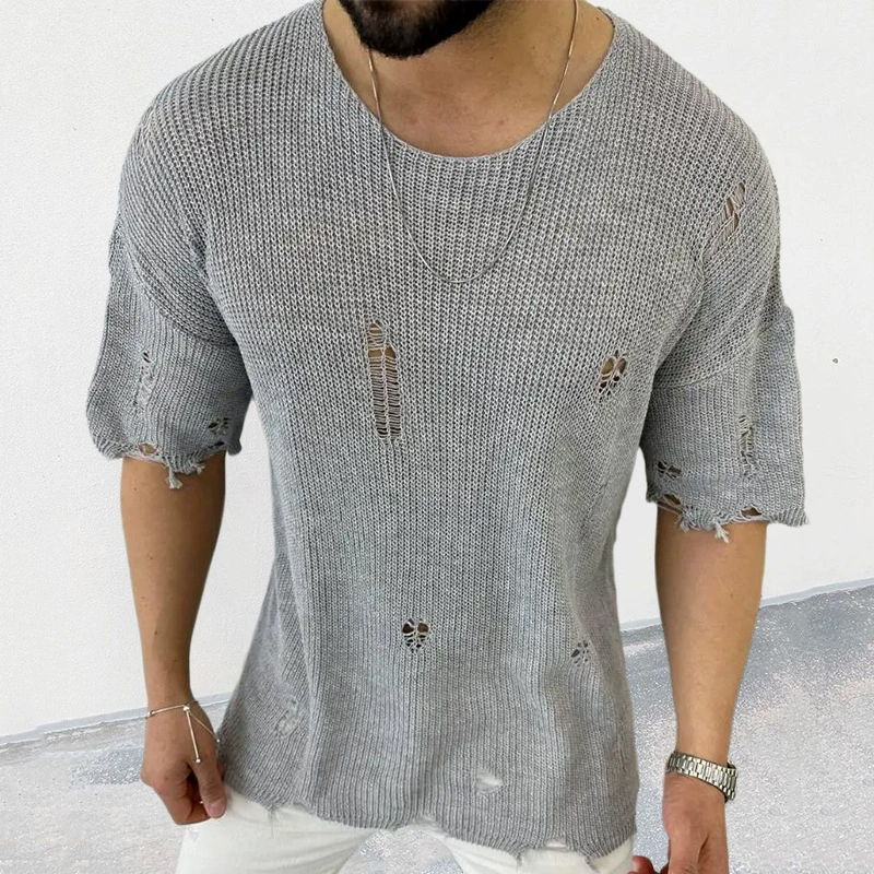Men's Knitted Round Neck Short Sleeve Hollow Sweater
