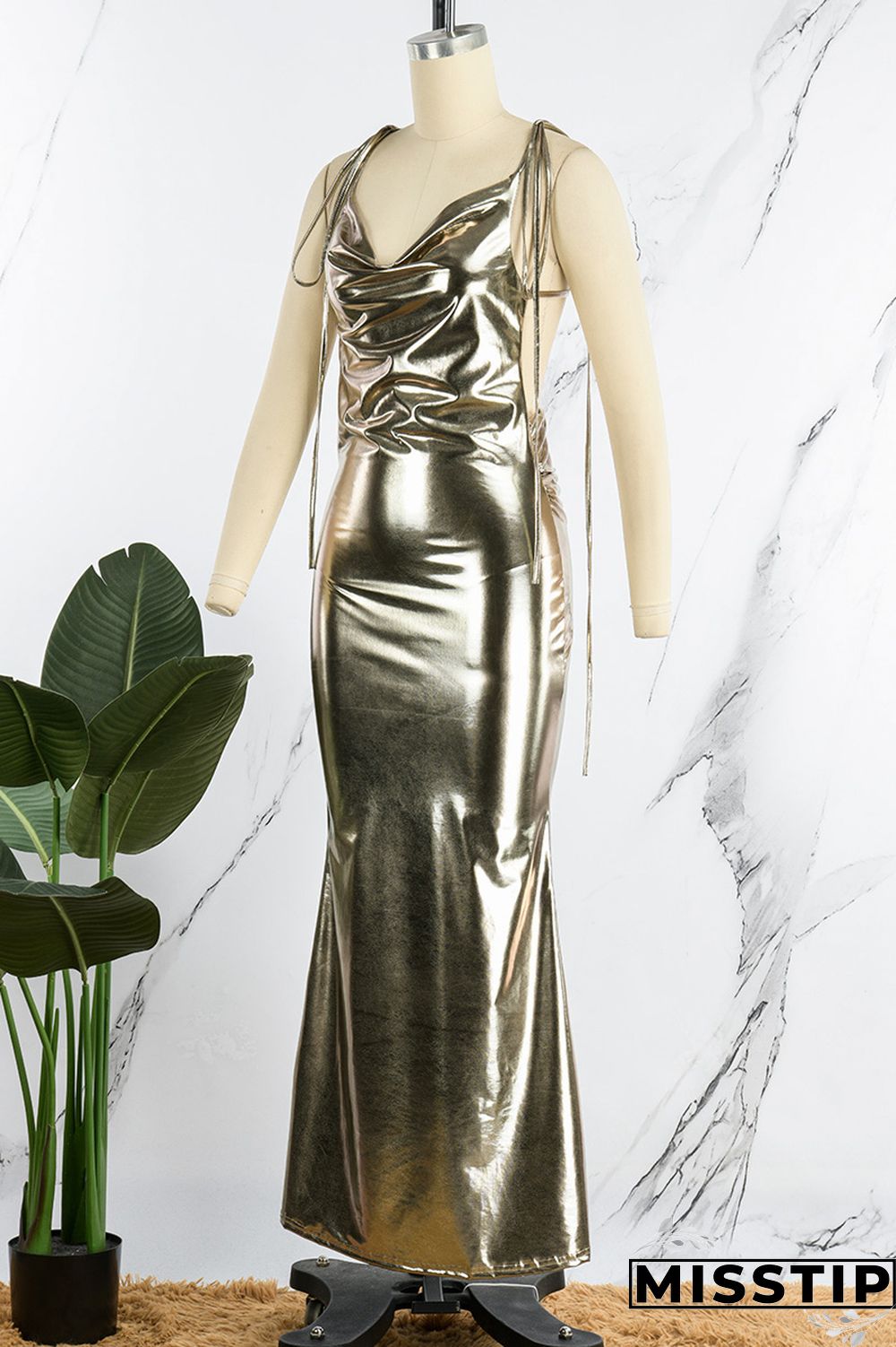Gold Sexy Solid Bandage Backless V Neck Long Dress Dresses