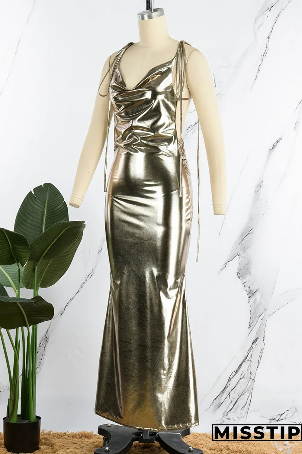 Gold Sexy Solid Bandage Backless V Neck Long Dress Dresses
