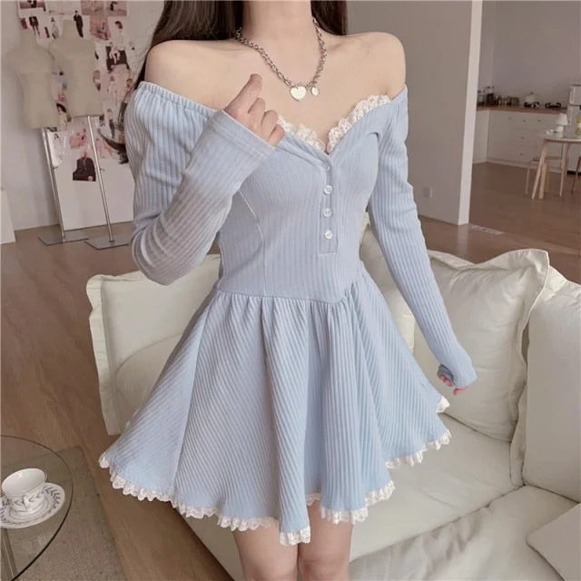Harajuku Kawaii Rib Knit Lace Blue Dress SP15703
