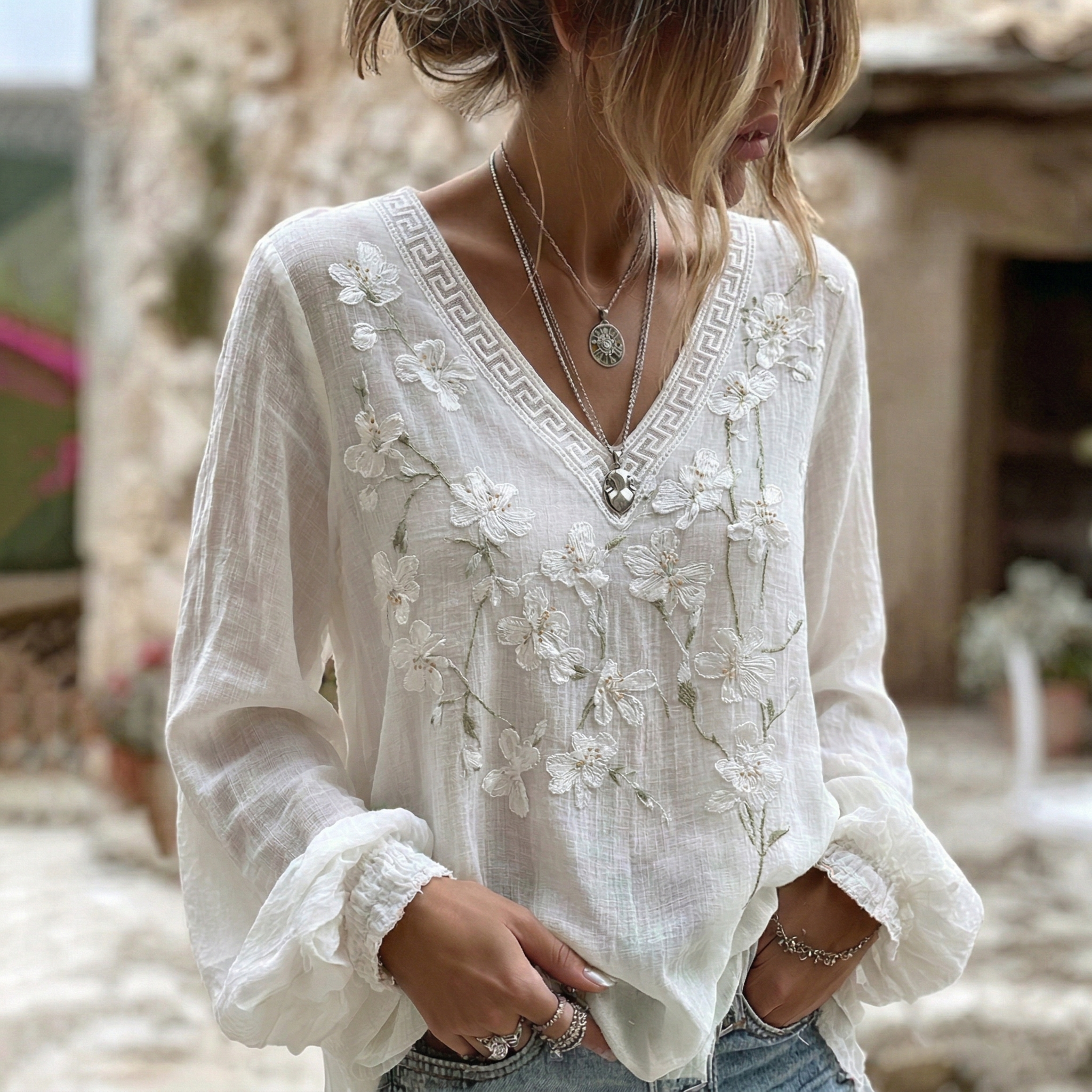 Women's Japanese Floral Art Print V Neck Long Sleeve Linen Blend T-shirt elevenforest