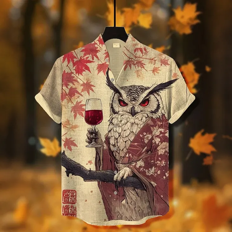 Men's Retro Japanese Owl And Maple Leaf Pattern Casual Cotton Linen Short-sleeve Shirt