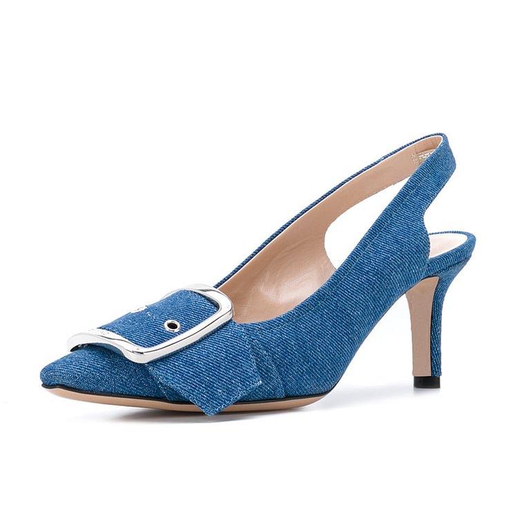 Blue Pointy Toe Slingback Heels Denim Pumps with Buckle |FSJ Shoes