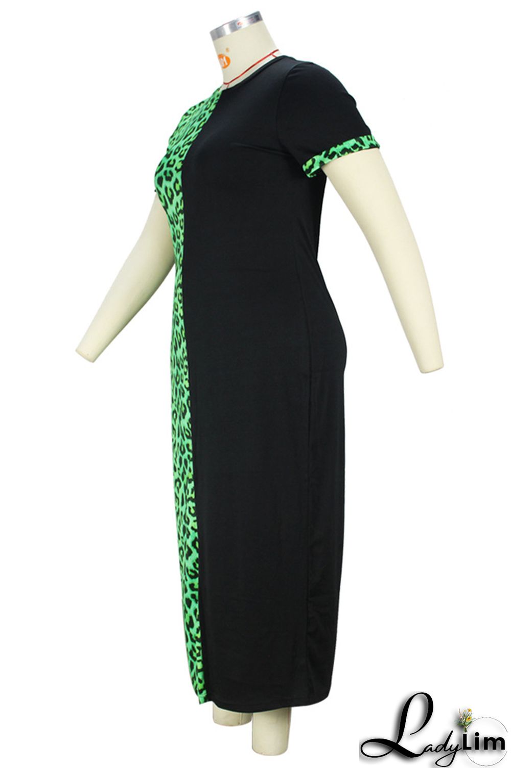 Green Fashion Casual Plus Size Print Leopard Patchwork O Neck Short Sleeve Dress