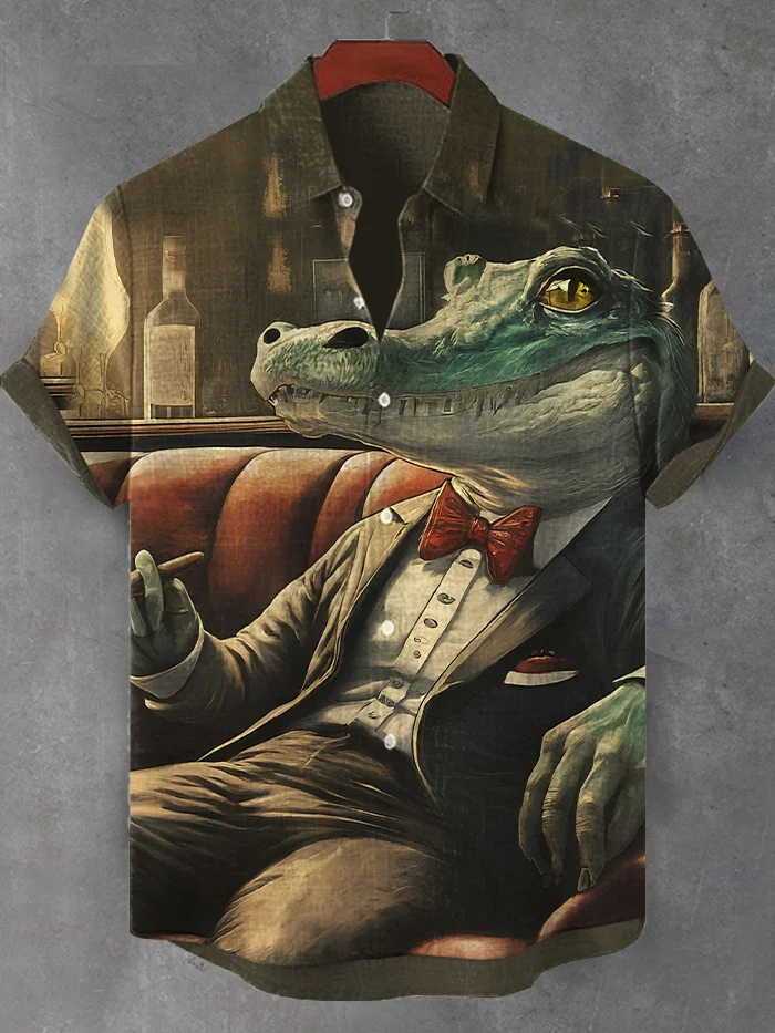Men's Crocodile Cigarette Vintage Art Print Short Sleeve Shirt