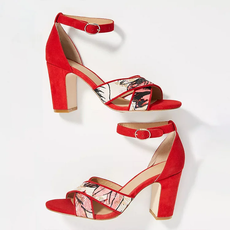 Custom Made Red Jacquard Chunky Heel Ankle Strap Sandals |FSJ Shoes