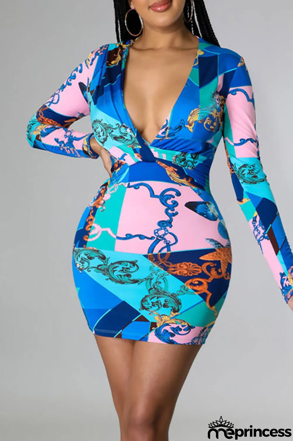 Blue Sexy Print Patchwork V Neck Pencil Skirt Dresses