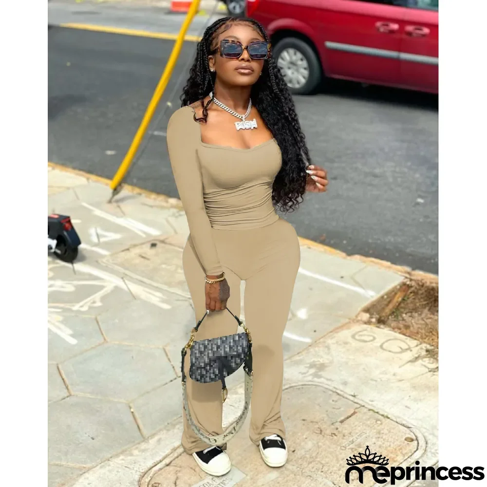 Solid Long Sleeve Two Piece Pants Sets