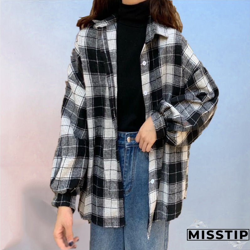 Women's Plaid Long-sleeved Shirt Autumn Korean Loose Blouses