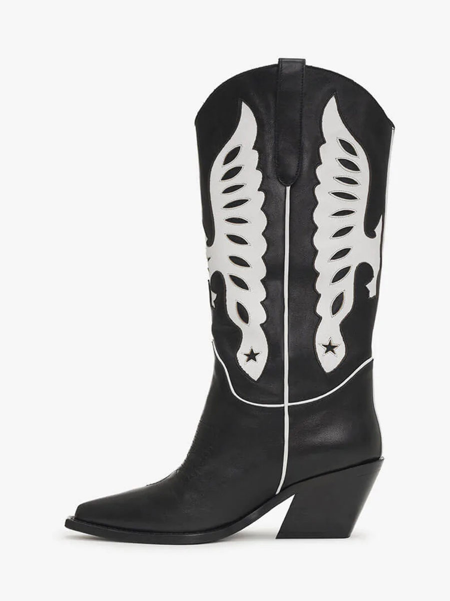 Black & White Pointed Toe Chunky Heel Eagle Knee-High Cowgirl Boots