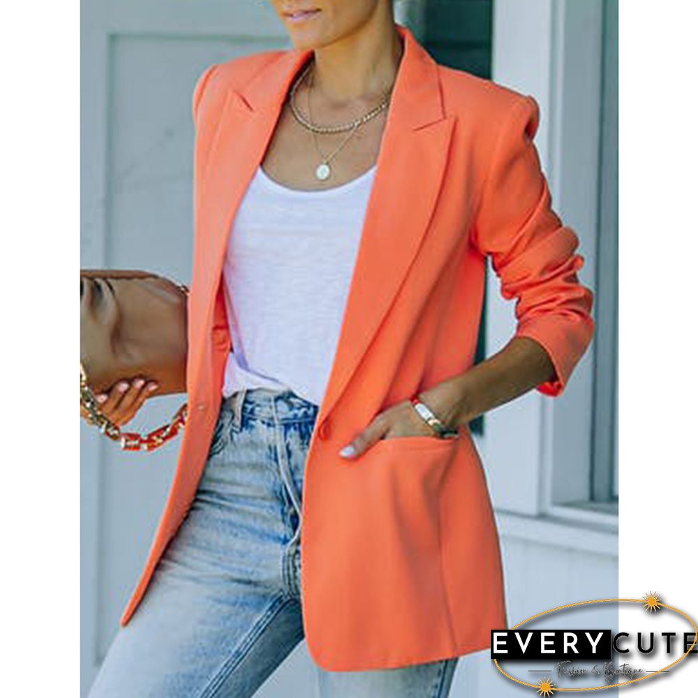 Orange Candy Button Lapel Collar Long Sleeve Blazer