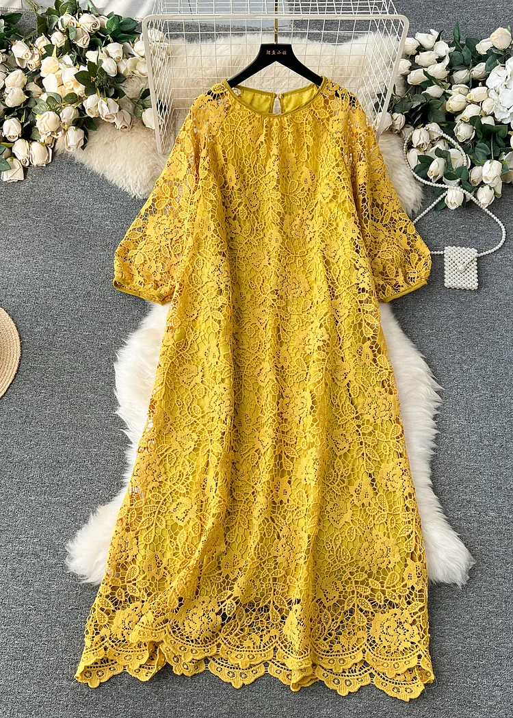 French Yellow O Neck Hollow Out Lace Dresses Summer