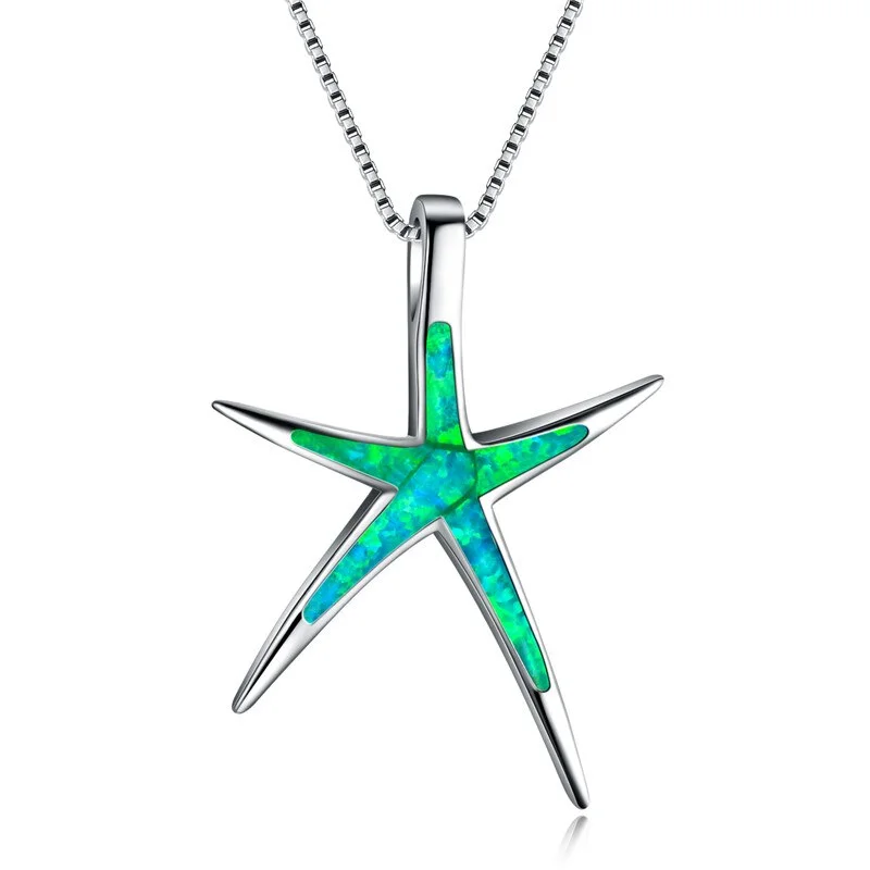 Boho Female Big Sea Star Pendants Necklaces Blue Green White Fire Opal Stone Necklace Fashion Wedding Necklaces For Women