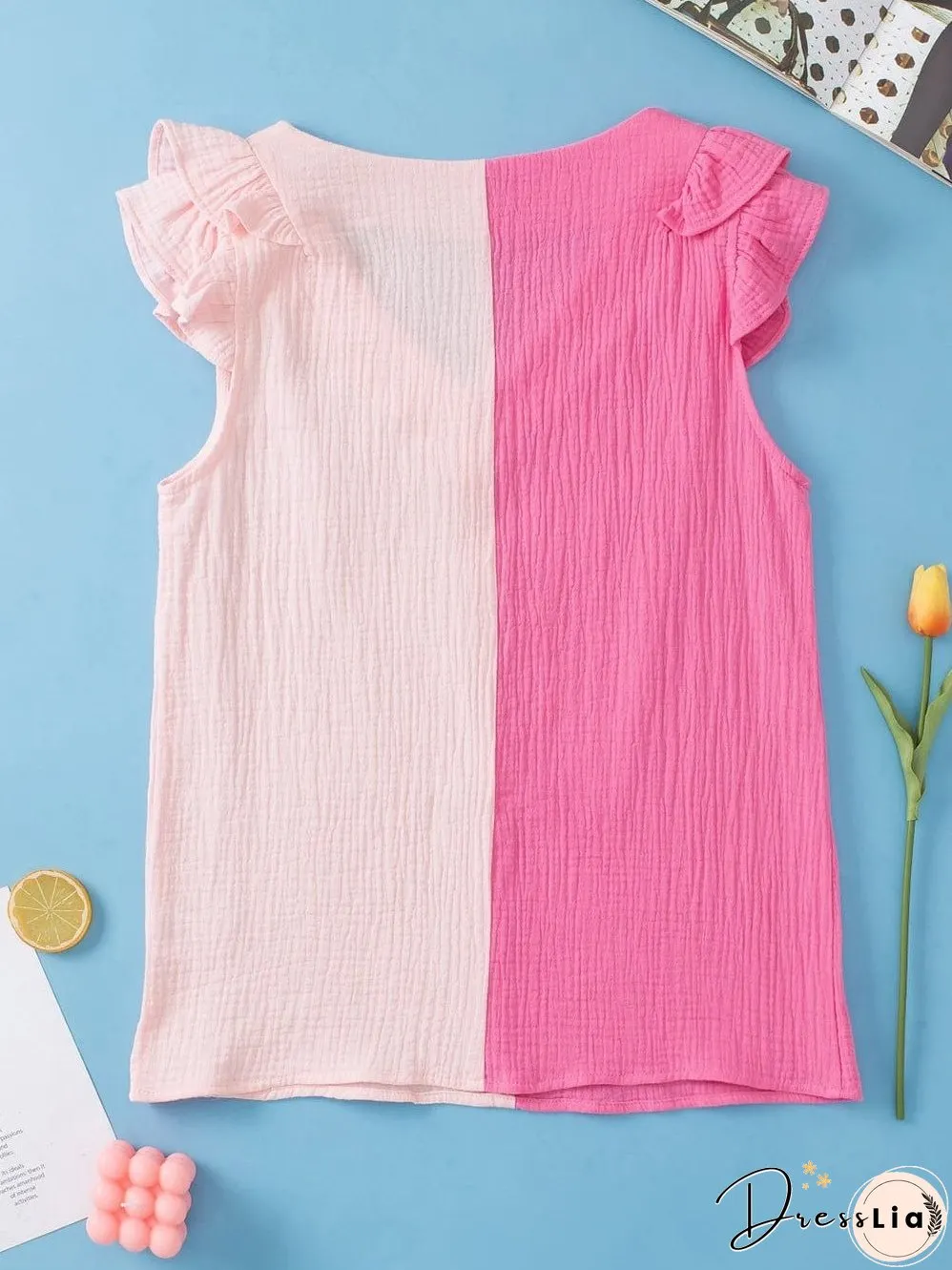 Pink Tiered Ruffle Sleeve Color Block Blouse