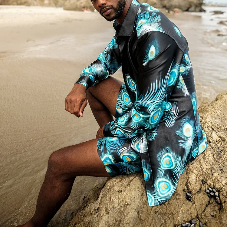 BrosWear Peacock Summer Pattern Print Shirt And Shorts Co-Ord