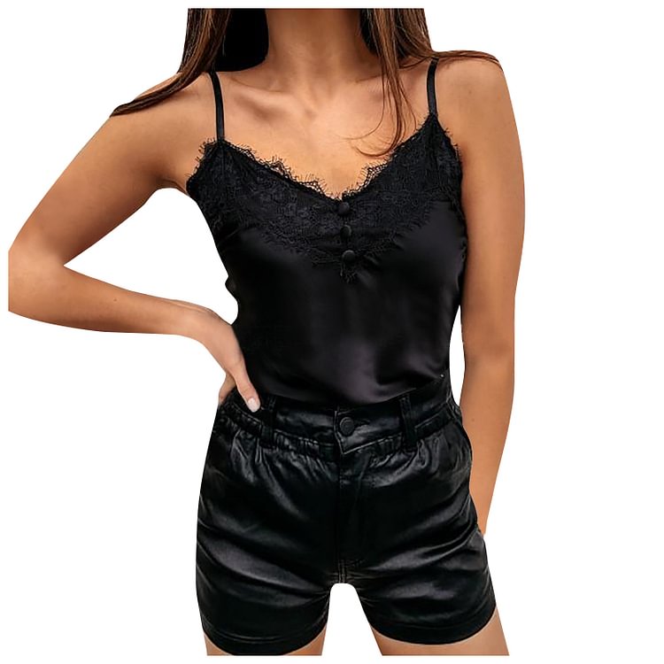Summer Women Sexy Camisole Lace V Neck Spaghetti Strap Tank Top Ladies Satin Silk Feminino Button Vest Femme Top Футболка - Life is Beautiful for You - SheChoic