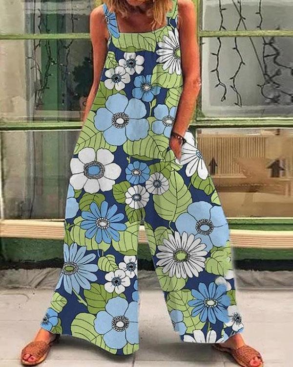 Women Colorful Multiflora Print Casual Loose Jumpsuit