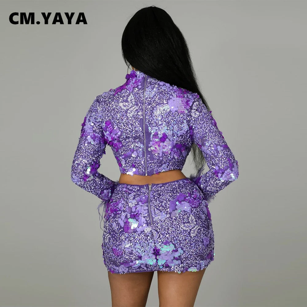 CM.YAYA Women Sequines Floral Mini Midi Skirts Suit and Feather Sleeve Crop Tops Beach Sexy Matching Two 2 Piece Set Outfits