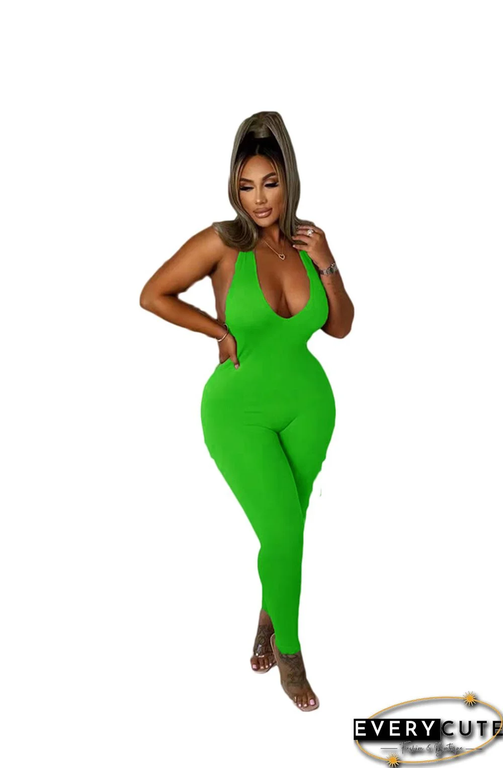 Solid Bodycon Halter Backless Sportswear Basic Jumpsuit