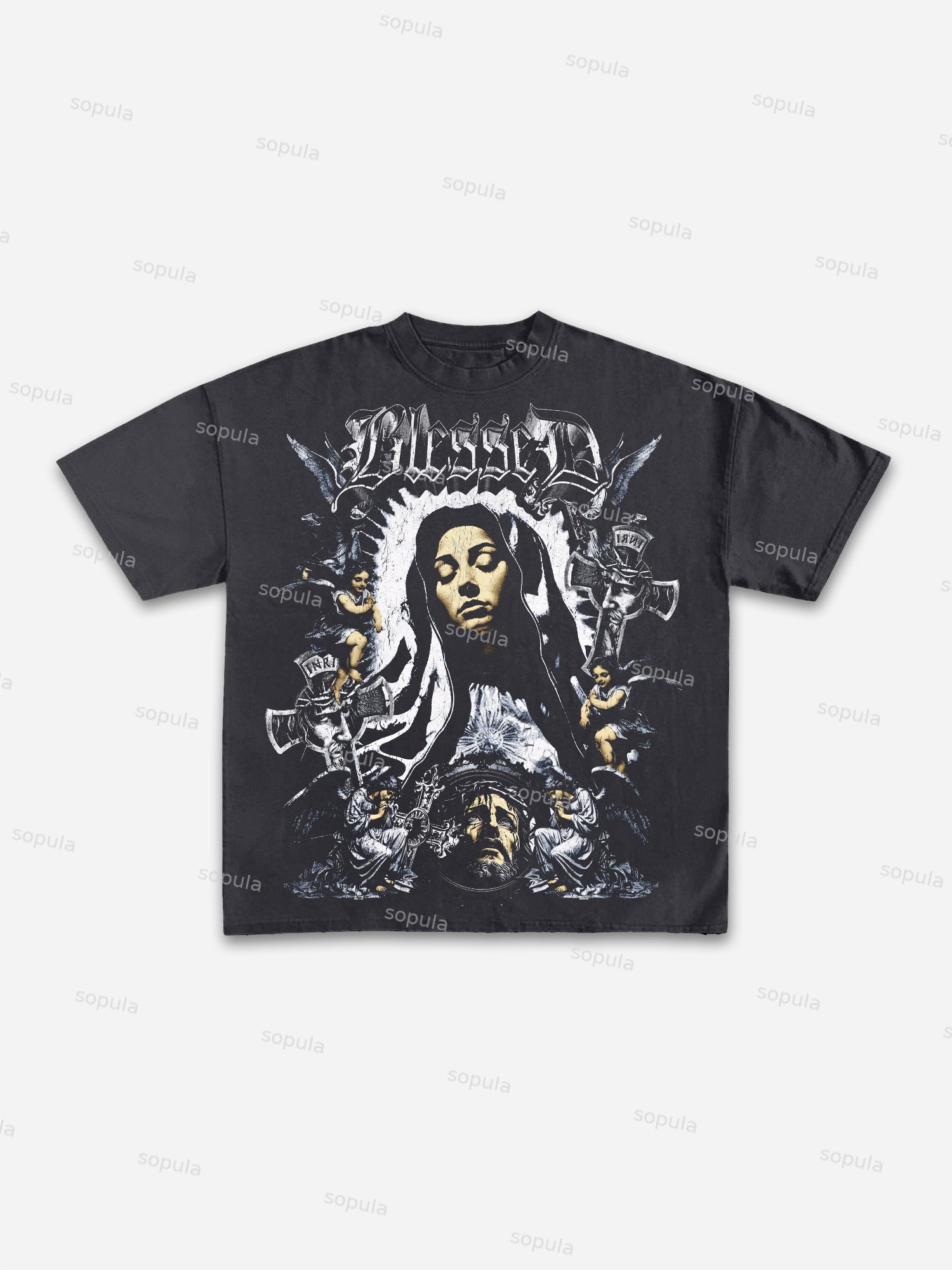Vintage Faith Bless Graphic Print Cotton T-shirt