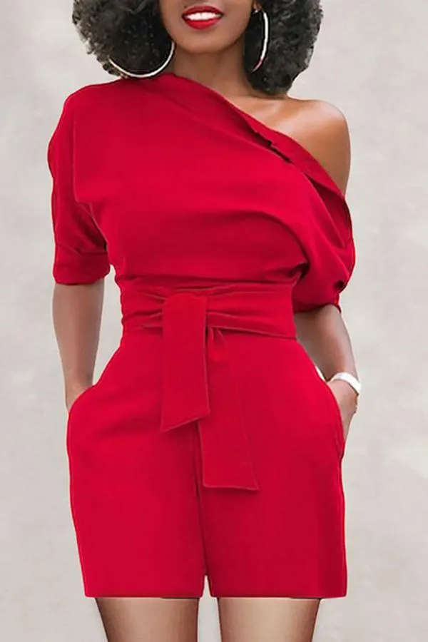 Simple Solid Color Diagonal Collar Short Sleeved Belt Rompers