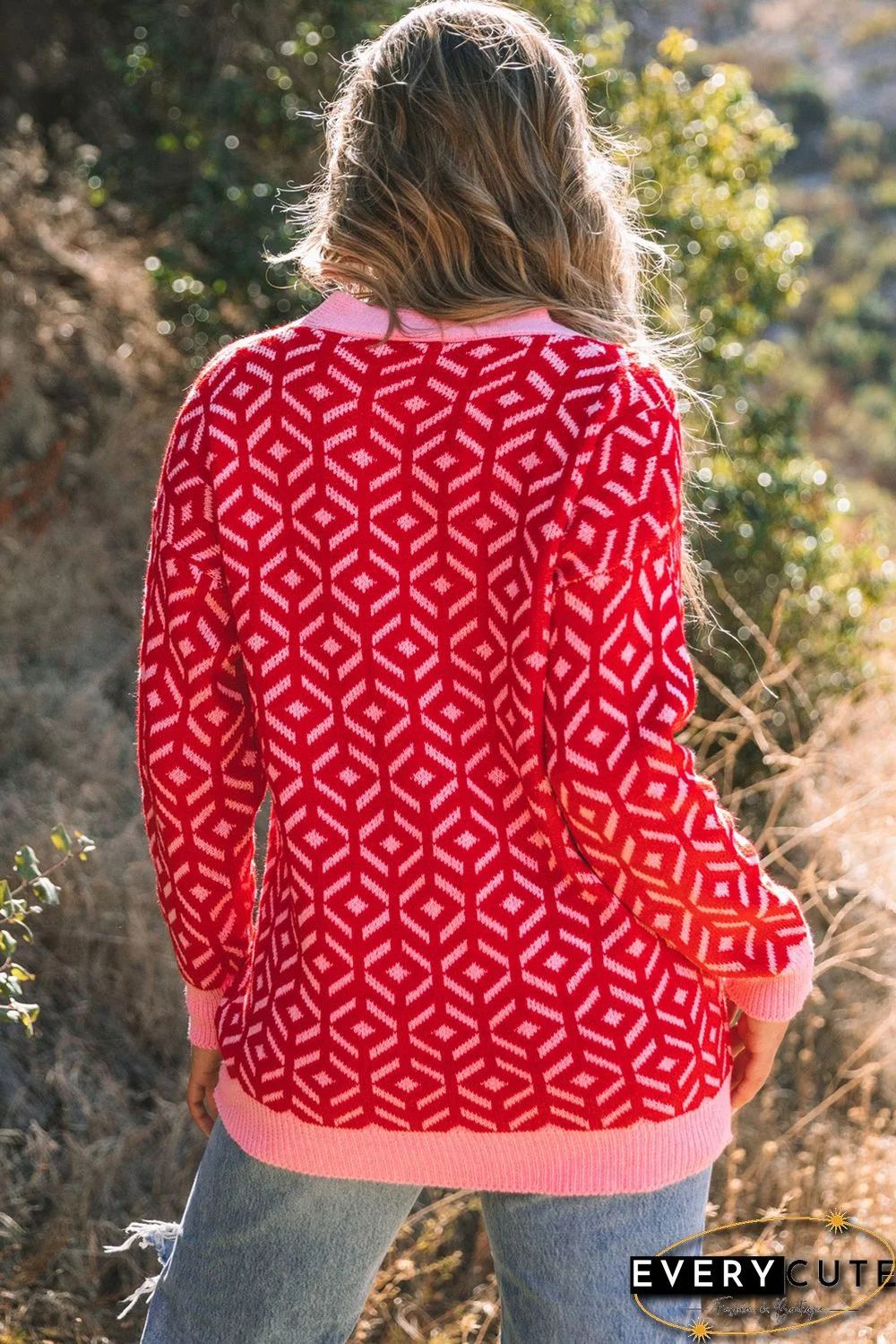 Rose Geometric Print Buttoned V Neck Cardigan