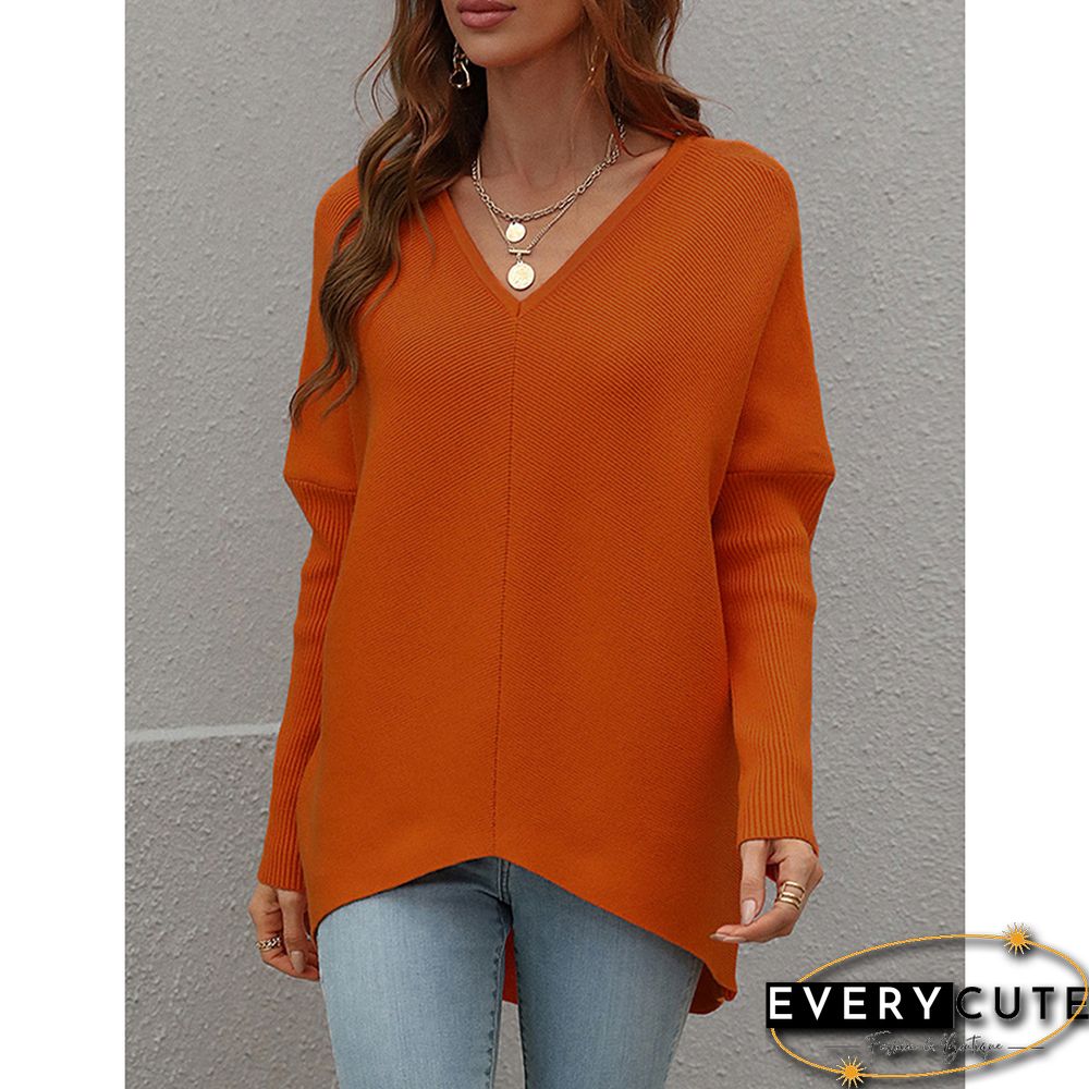 Orange V-neckline High Low Knit Sweater