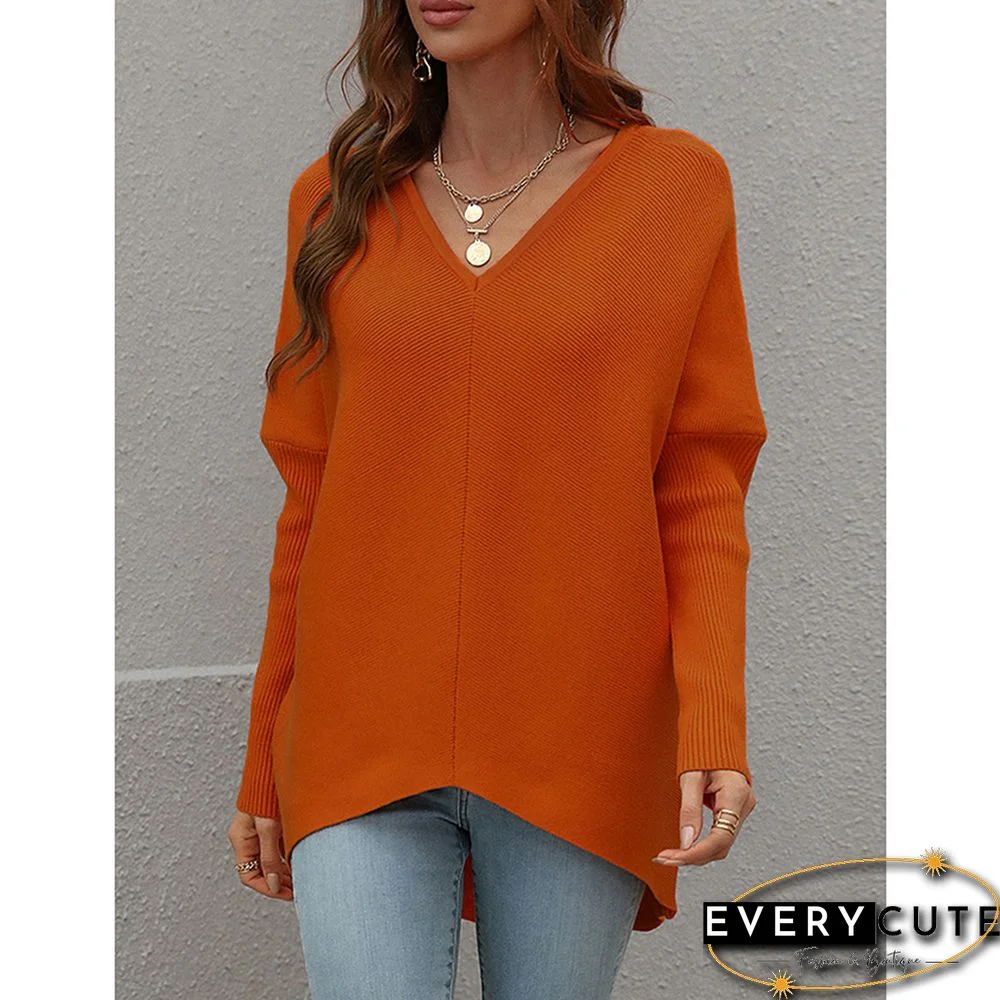 Orange V-neckline High Low Knit Sweater