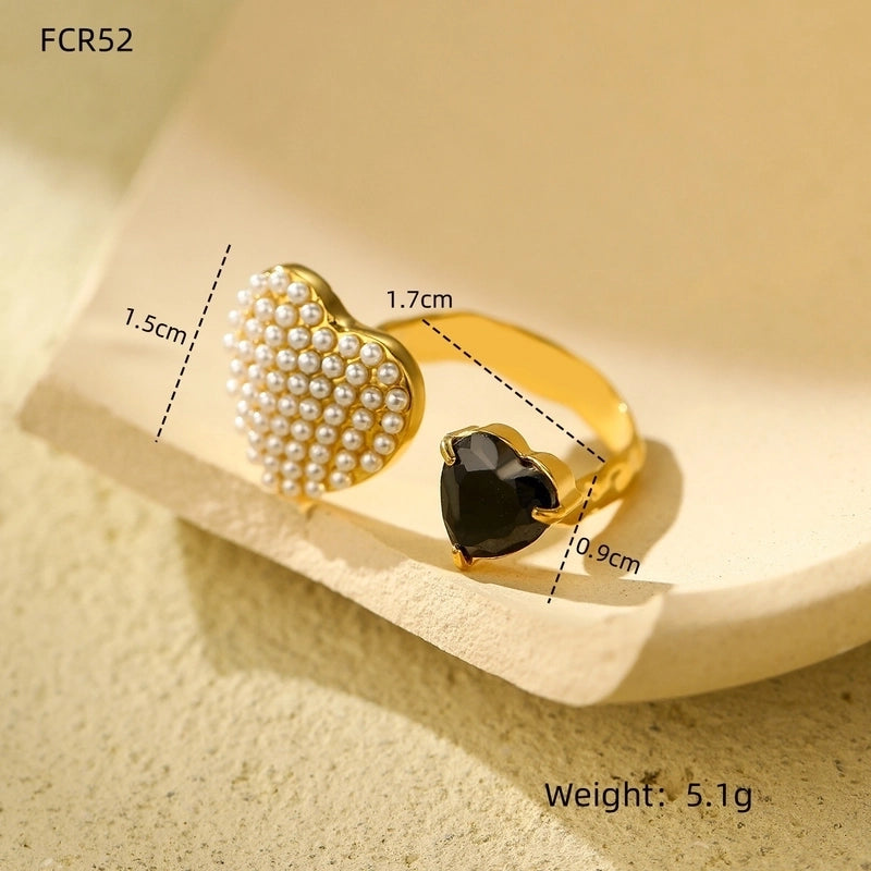 Lady Heart Shape 304 Stainless Steel Artificial Pearls Zircon Plating Open Rings