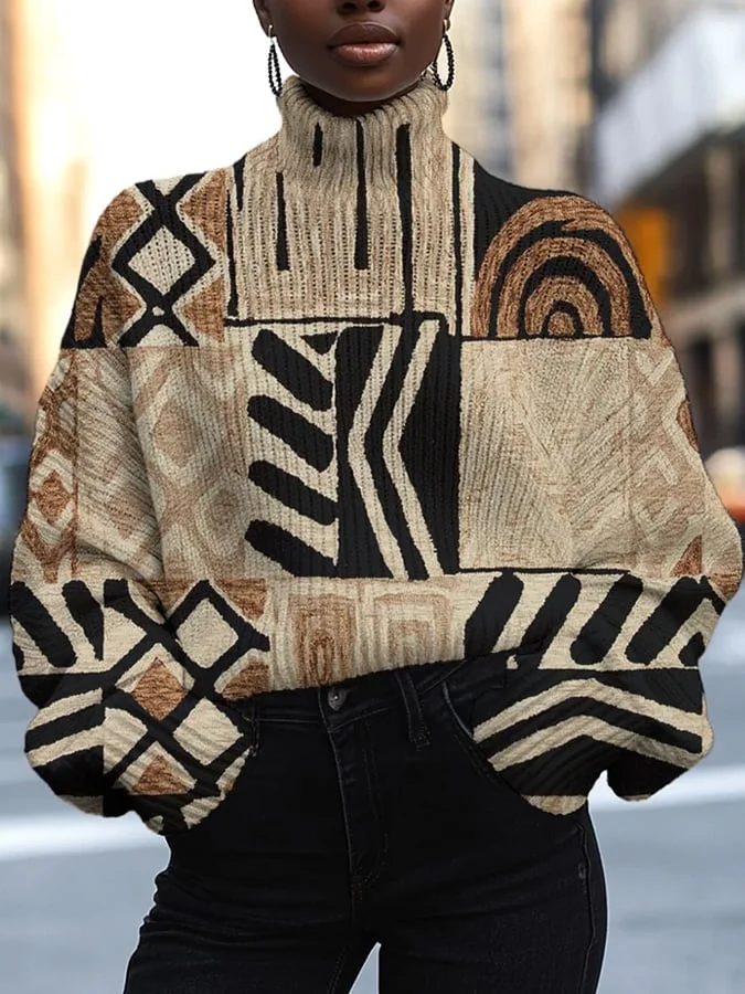 Women's Black History Month Africa Aaztec Print Casual Turtleneck Top 