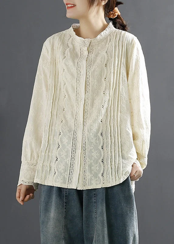 Stylish Beige Embroideried Hollow Out Cotton Shirt Tops Spring