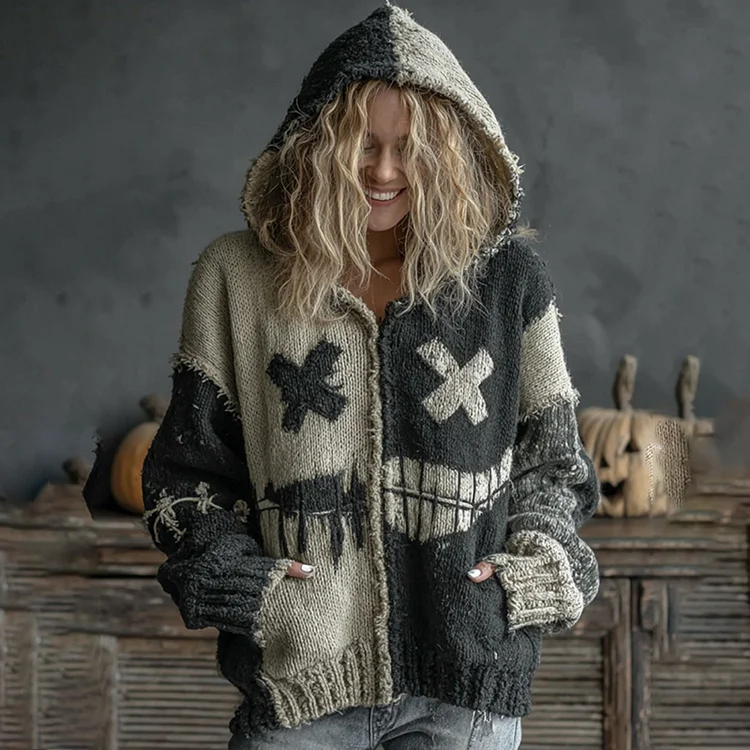 Halloween Spooky Face Patchwork Art Cozy  Hooded Cardigan
