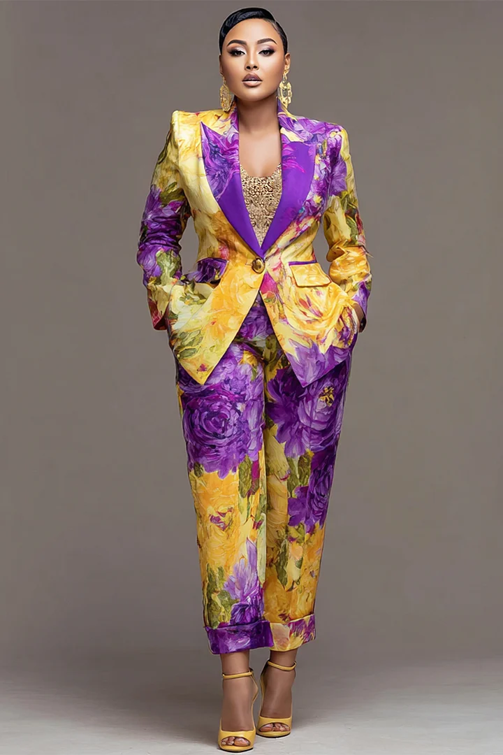 Xpluswear Design Plus Size Formal Purple Floral Lapel Collar Long Sleeve Pocket Two Piece Pant Suits 2024 - Xpluswear
