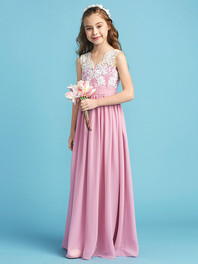 Oknass Princess A-Line Queen Anne Floor Length Chiffon Lace Junior Flower Girl Dress With Lace Pleats
