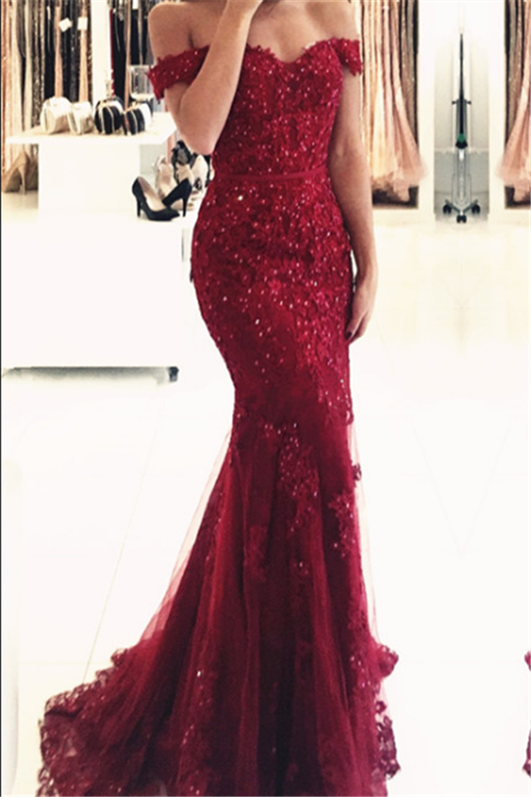 Luluslly Off-the-Shoulder Mermaid Lace Appliques Long Evening Gowns