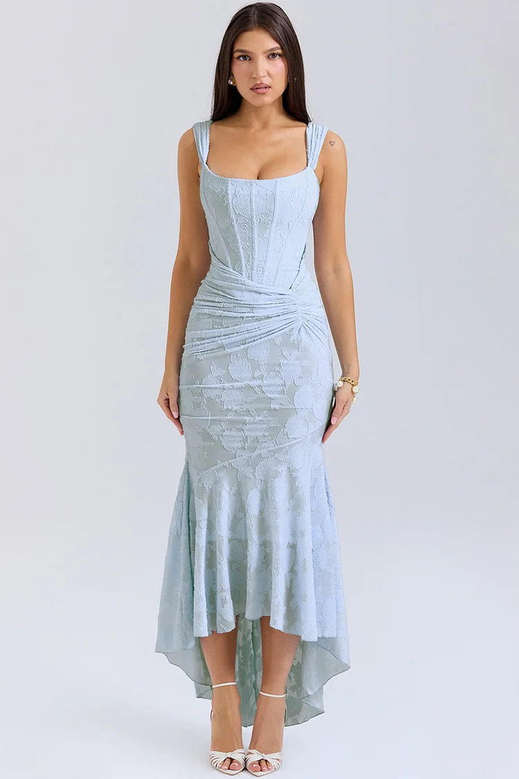 Semi Formal Blue Lace Square Neck Sleevelesss Asymmetrical Maxi Dress