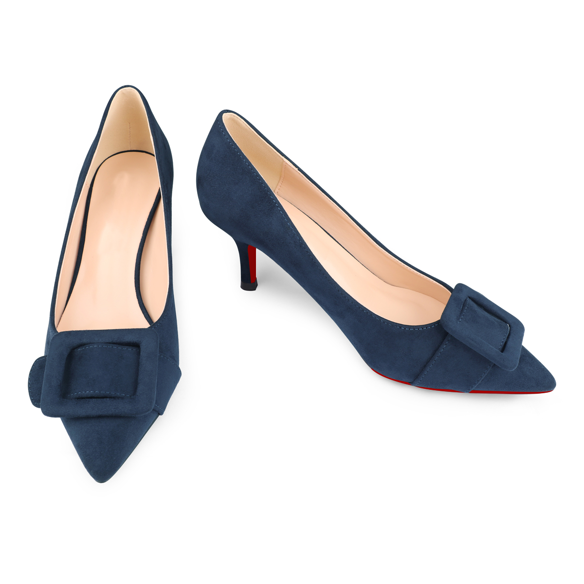 60mm Pointed Toe Square Buckle Decoration Red Bottom Kitten Heels Daily Pumps for Women Suede-MERUMOTE