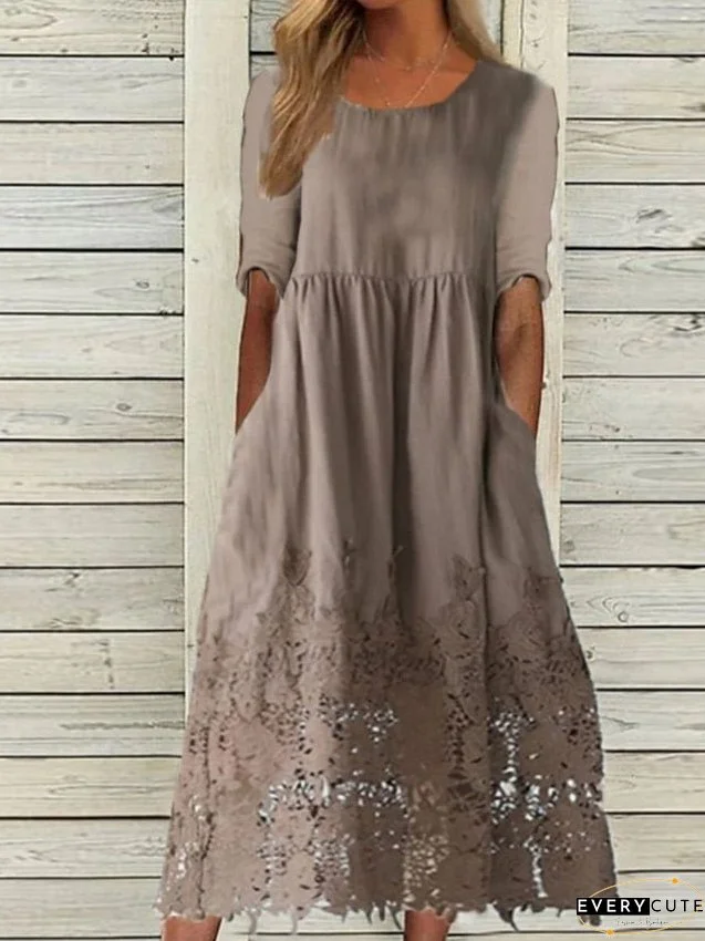 Cotton Linen Dress Casual Dress Midi Dress Cotton Blend Modern Casual Daily Vacation Crew Neck Lace Ruched Half Sleeve Summer Spring Fall Regular Fit Gray Pure Color S M L XL 2XL for Women